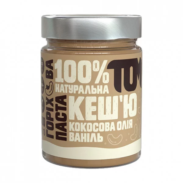 TOM peanut butter Горіхова Паста у скляній банці (термін до 06.05.2025) (300 g, кеш`ю кокосова олія ваніль)